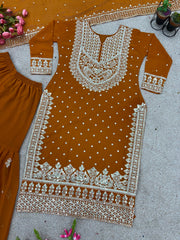 Decent Embroidery Sequence Work Orange Color Sharara Suit Decent Embroidery Sequence Work Orange Color Sharara Suit