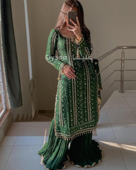 Eid Special Embroidery Sequenced Work Green Color Sharara Suit Eid Special Embroidery Sequenced Work Green Color Sharara Suit