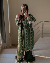 Eid Special Embroidery Sequenced Work Green Color Sharara Suit Eid Special Embroidery Sequenced Work Green Color Sharara Suit