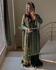 Eid Special Embroidery Sequenced Work Green Color Sharara Suit Eid Special Embroidery Sequenced Work Green Color Sharara Suit