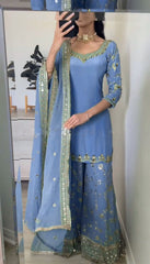 Fantastic Embroidery Sequence Work Sky Blue Color Top With Plazzo Suit Fantastic Embroidery Sequence Work Sky Blue Color Top With Plazzo Suit