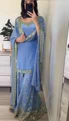 Fantastic Embroidery Sequence Work Sky Blue Color Top With Plazzo Suit Fantastic Embroidery Sequence Work Sky Blue Color Top With Plazzo Suit