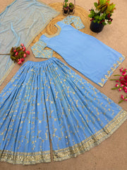 Fantastic Embroidery Sequence Work Sky Blue Color Top With Plazzo Suit Fantastic Embroidery Sequence Work Sky Blue Color Top With Plazzo Suit