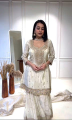 Elegant Embroidery Sequence Work White Color Sharara Suit Elegant Embroidery Sequence Work White Color Sharara Suit