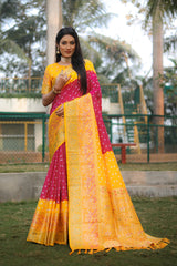 Flattering  Bandhej Kanjivaram Silk Yellow Color Saree Flattering  Bandhej Kanjivaram Silk Yellow Color Saree
