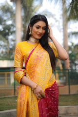Flattering  Bandhej Kanjivaram Silk Yellow Color Saree Flattering  Bandhej Kanjivaram Silk Yellow Color Saree