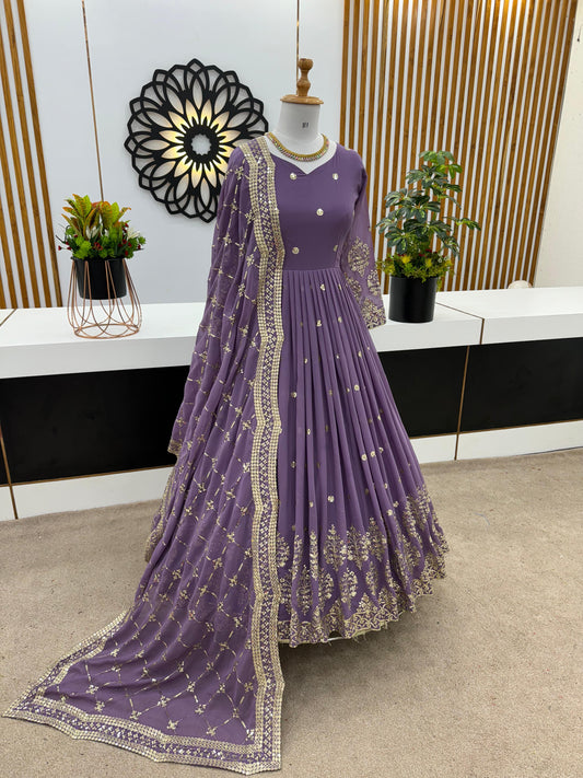 Mesmerizing Embroidery Sequence Work Onion Color Long Gown