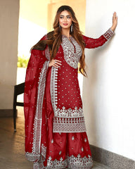 Decent Embroidery Sequence Work Red Color Sharara Suit Decent Embroidery Sequence Work Red Color Sharara Suit