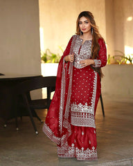 Decent Embroidery Sequence Work Red Color Sharara Suit Decent Embroidery Sequence Work Red Color Sharara Suit