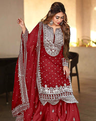 Decent Embroidery Sequence Work Red Color Sharara Suit Decent Embroidery Sequence Work Red Color Sharara Suit