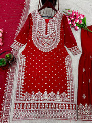 Decent Embroidery Sequence Work Red Color Sharara Suit Decent Embroidery Sequence Work Red Color Sharara Suit