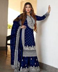 Decent Embroidery Sequence Work Blue Color Sharara Suit Decent Embroidery Sequence Work Blue Color Sharara Suit