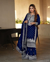 Decent Embroidery Sequence Work Blue Color Sharara Suit Decent Embroidery Sequence Work Blue Color Sharara Suit