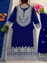 Decent Embroidery Sequence Work Blue Color Sharara Suit Decent Embroidery Sequence Work Blue Color Sharara Suit