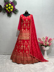 Admiring Chine Stitch Work Pink Color Top With Lehenga Admiring Chine Stitch Work Pink Color Top With Lehenga