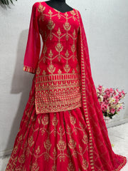 Admiring Chine Stitch Work Pink Color Top With Lehenga Admiring Chine Stitch Work Pink Color Top With Lehenga