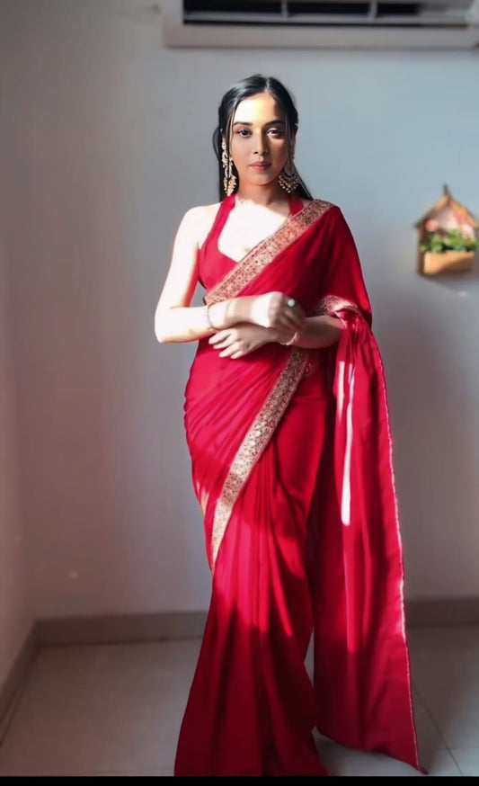 Glimmering Embroidery Work Red Color Ready To Wear Saree