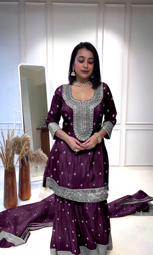 Elegant Embroidery Sequence Work Purple Color Sharara Suit