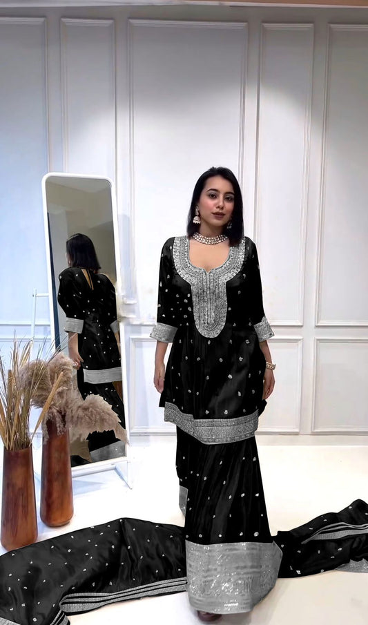 Elegant Embroidery Sequence Work Black Color Sharara Suit