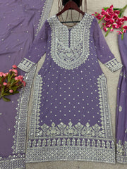 Decent Embroidery Sequence Work Onion Color Sharara Suit Decent Embroidery Sequence Work Onion Color Sharara Suit
