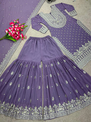 Decent Embroidery Sequence Work Onion Color Sharara Suit Decent Embroidery Sequence Work Onion Color Sharara Suit