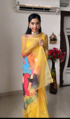 Awesome Yellow Color Radha Krishna Design Ready To Wear Saree Awesome Yellow Color Radha Krishna Design Ready To Wear Saree