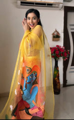 Awesome Yellow Color Radha Krishna Design Ready To Wear Saree Awesome Yellow Color Radha Krishna Design Ready To Wear Saree