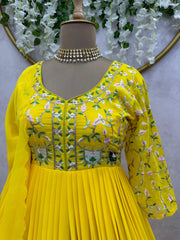 Yellow Color Thread Work Festive Wear Gown Yellow Color Thread Work Festive Wear Gown
