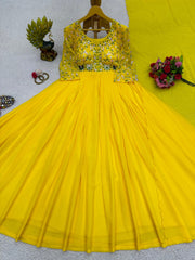 Yellow Color Thread Work Festive Wear Gown Yellow Color Thread Work Festive Wear Gown
