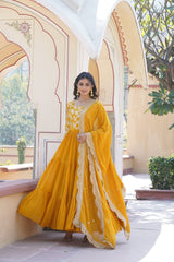 Festive Wear Yellow Color Jacquard Work Gown Festive Wear Yellow Color Jacquard Work Gown