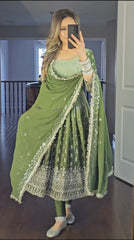 Charming Embroidery Work Parrot Color Gown Charming Embroidery Work Parrot Color Gown
