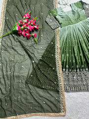 Charming Embroidery Work Parrot Color Gown Charming Embroidery Work Parrot Color Gown