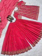 Alluring Embroidery Sequence Work Pink Color Sharara suit Alluring Embroidery Sequence Work Pink Color Sharara suit