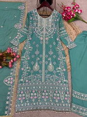 Mesmerizing Embroidery Sequence Work Rama Color Anarkali Suit Mesmerizing Embroidery Sequence Work Rama Color Anarkali Suit