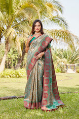 Embellished  Kanjivaram Soft Silk Rama Color Saree Embellished  Kanjivaram Soft Silk Rama Color Saree