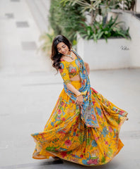 Pretty Kalamkari Print Yellow Color Lehenga Choli Pretty Kalamkari Print Yellow Color Lehenga Choli