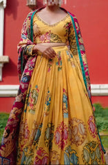 Classy Kalamkari Print Yellow Color Lehenga Choli Classy Kalamkari Print Yellow Color Lehenga Choli