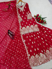 Fabulous Siqwans Embroidery Work Red Color Top With Lehenga Fabulous Siqwans Embroidery Work Red Color Top With Lehenga