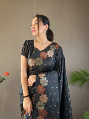 Outstanding Black Color Kanjivaram Banarasi Silk Saree Outstanding Black Color Kanjivaram Banarasi Silk Saree