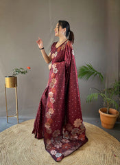Outstanding Maroon Color Kanjivaram Banarasi Silk Saree Outstanding Maroon Color Kanjivaram Banarasi Silk Saree