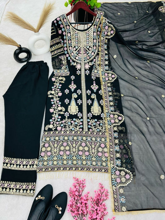 Demanding Embroidery Sequence Work Black Color Anarkali Suit