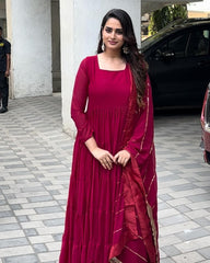 Fabulous Dark Pink Color Ruffle Gown With Work Dupatta Fabulous Dark Pink Color Ruffle Gown With Work Dupatta