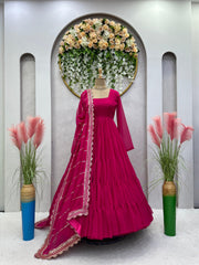 Fabulous Dark Pink Color Ruffle Gown With Work Dupatta Fabulous Dark Pink Color Ruffle Gown With Work Dupatta
