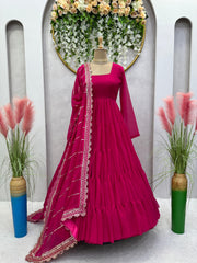 Fabulous Dark Pink Color Ruffle Gown With Work Dupatta Fabulous Dark Pink Color Ruffle Gown With Work Dupatta