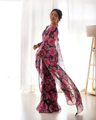 Beautiful Pink Color Rose Design Ready To Wear Saree Beautiful Pink Color Rose Design Ready To Wear Saree