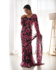 Beautiful Pink Color Rose Design Ready To Wear Saree Beautiful Pink Color Rose Design Ready To Wear Saree