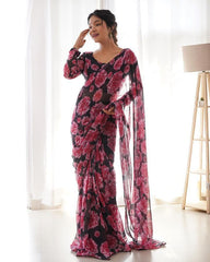 Beautiful Pink Color Rose Design Ready To Wear Saree Beautiful Pink Color Rose Design Ready To Wear Saree