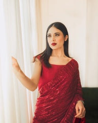 Beautiful Sequence Embroidery Work Red Color Saree Beautiful Sequence Embroidery Work Red Color Saree