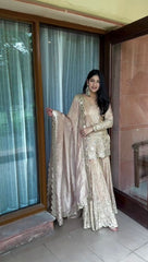 Gorgeous Embroidery Sequence Work Peach Color Sharara Suit Gorgeous Embroidery Sequence Work Peach Color Sharara Suit