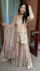 Gorgeous Embroidery Sequence Work Peach Color Sharara Suit Gorgeous Embroidery Sequence Work Peach Color Sharara Suit